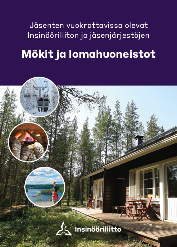 Kuva mökkiesitteestä. Mökki metsässä ja päällä kuvia maisemista ja takkatunnelmasta.