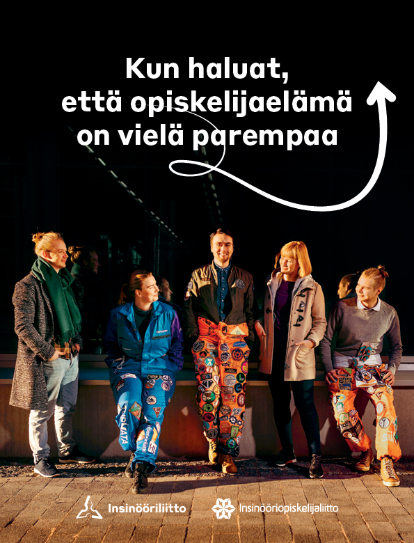Opiskelijaesitteen kansi. Viisi opiskelijaa istuu ulkona muurilla tummalla taustalla.