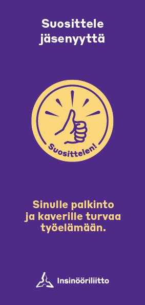Suosittelen lehtisen kansi, kuvassa keltainen peukaloikoni lilalla pohjalla