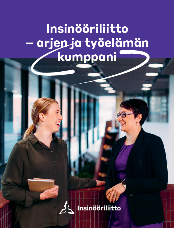 Yleisesitteen kansi, jossa on esitteen otsikko: Arjen ja työelämän kumppani. Kuvassa henkilöt nojaavat kaiteeseen ja juttelevat keskenään.
