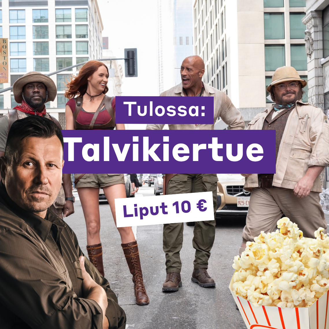 Insinööriliiton talvikiertue. Liput 10 euroa. Harri Gustafsberg ja Jumanji-elokuva.