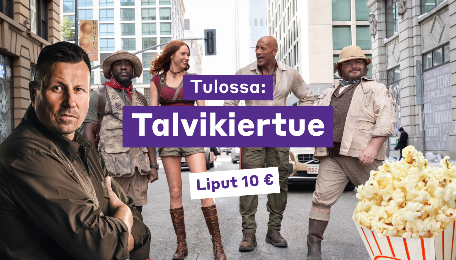 Tulossa: talvikiertue. Liput 10 euroa. Kuvassa Harri Gustafsberg, Jumanji-elokuva ja popcornia.